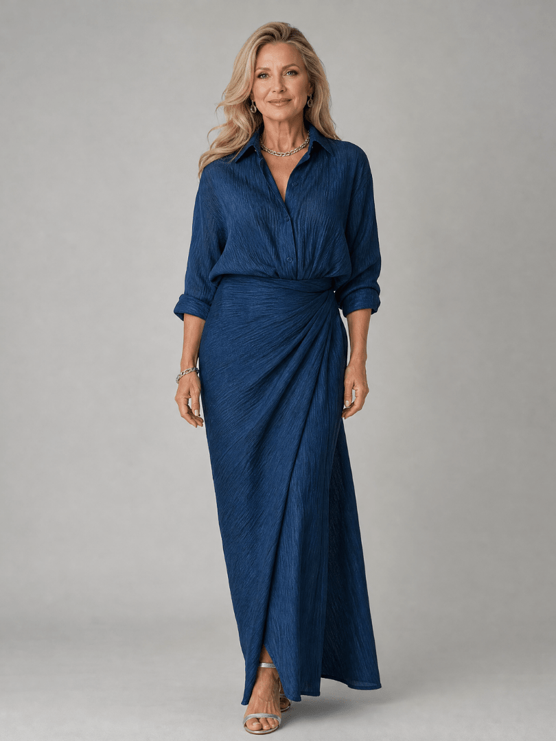 Long Sleeve Maxi Dress with Wrap Front Design and Gathered Waist – Lightweight Elegant Dress for Any Occasion 0