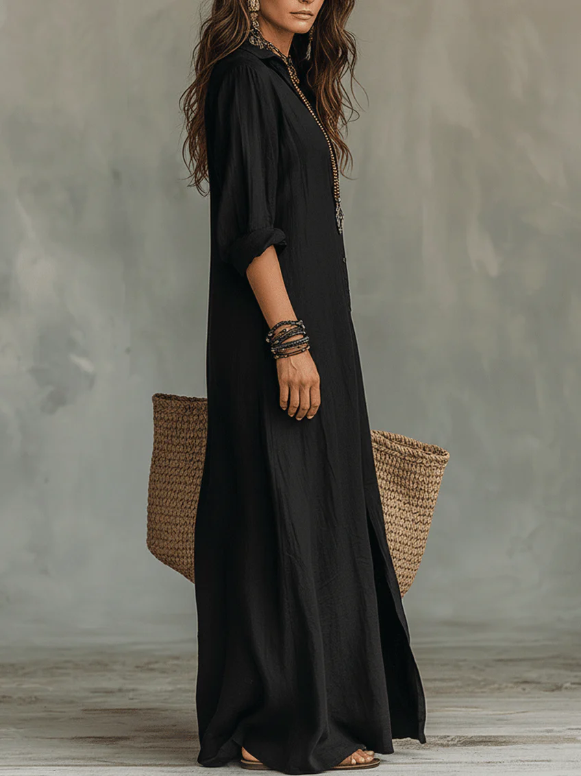 Maxi Dress with Button-Down Detail and Relaxed Fit for Women – Lightweight Long Sleeve Casual Dress 1