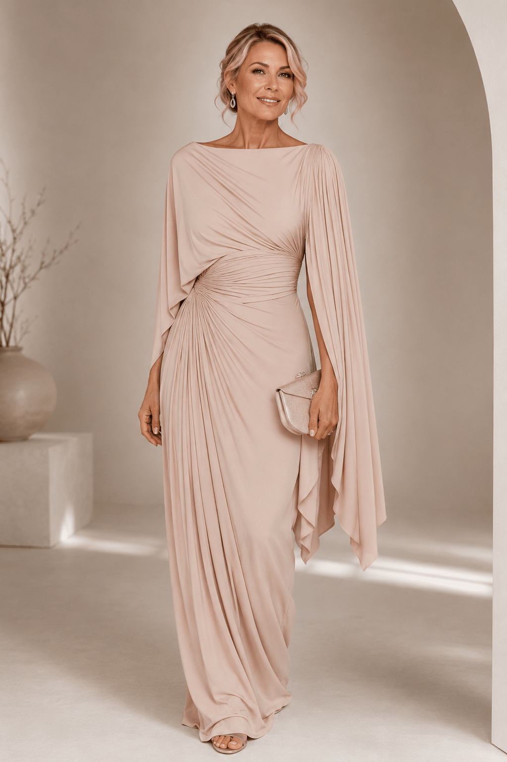 Maxi Dress with Flowing Cape Sleeves and Ruched Waist – Elegant Formal Long Dress for Women 0