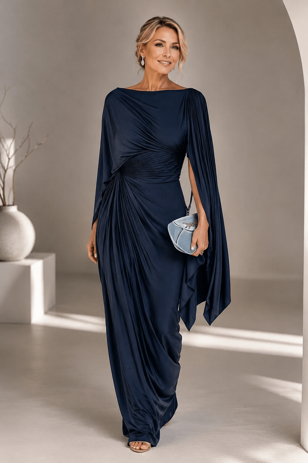 Maxi Dress with Flowing Cape Sleeves and Ruched Waist – Elegant Formal Long Dress for Women 2