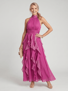 Maxi Dress with High Neck and Ruffle Layers – Lightweight Airy Sleeveless Design in White 0