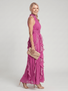 Maxi Dress with High Neck and Ruffle Layers – Lightweight Airy Sleeveless Design in White 3