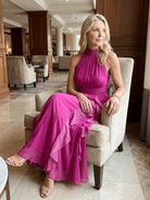 Maxi Dress with High Neck and Ruffle Layers – Lightweight Airy Sleeveless Design in White 4