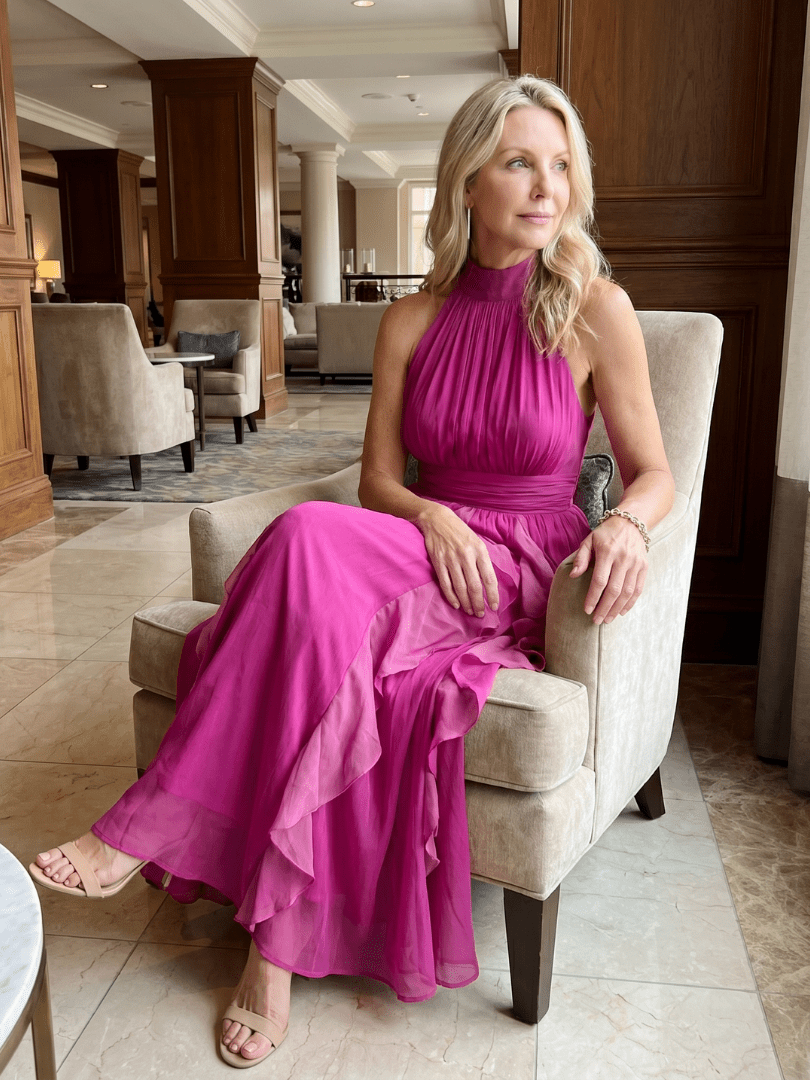 Maxi Dress with High Neck and Ruffle Layers – Lightweight Airy Sleeveless Design in White 4