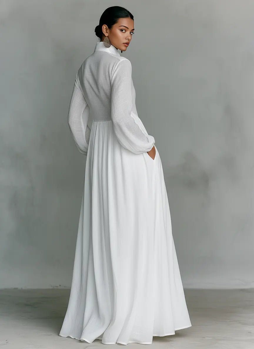 Maxi Dress with Patchwork Linen and Stand-Up Collar – Button Closure for Elegant Occasions 1