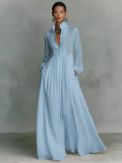Maxi Dress with Patchwork Linen and Stand-Up Collar – Button Closure for Elegant Occasions 2