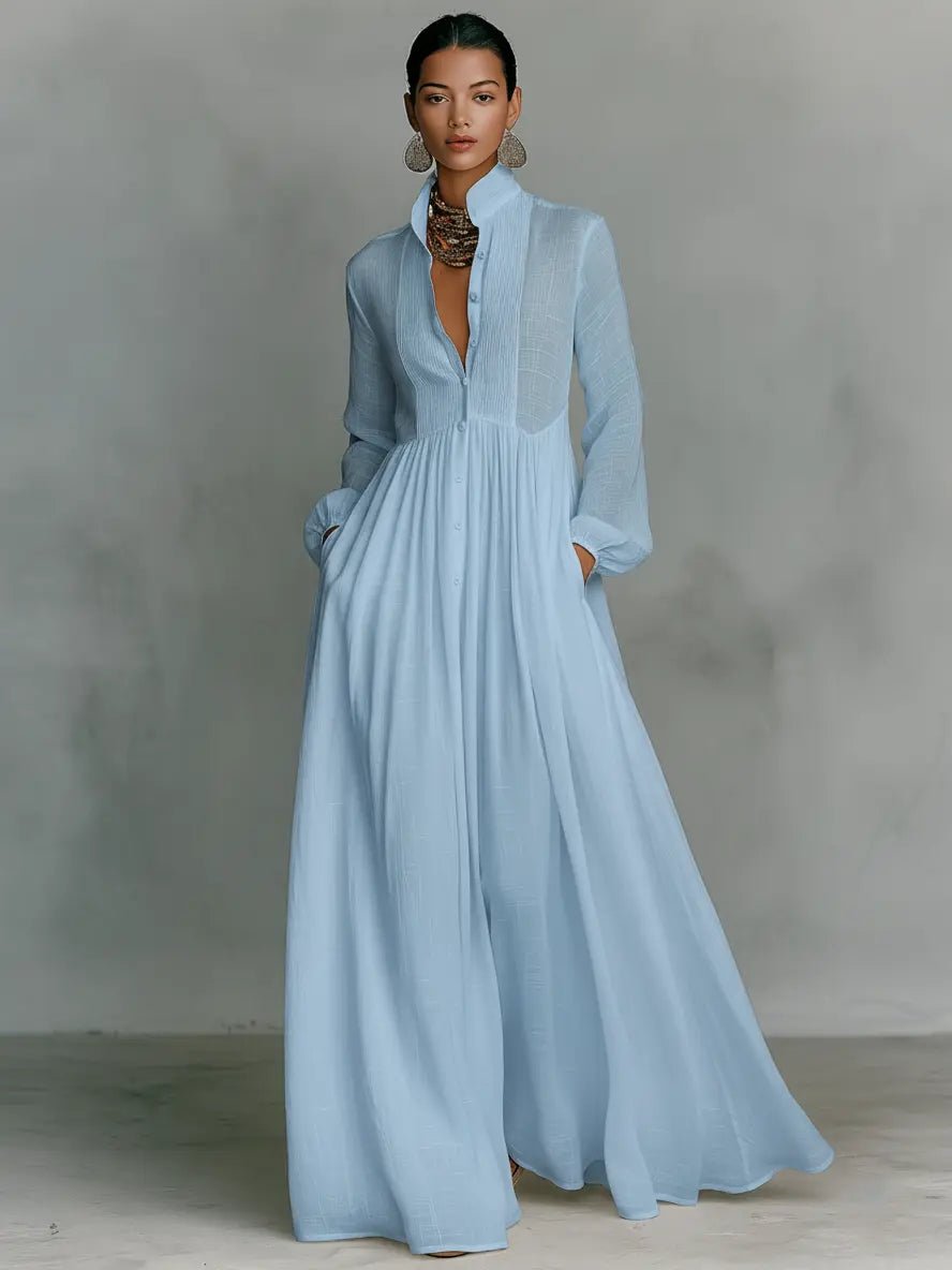 Maxi Dress with Patchwork Linen and Stand-Up Collar – Button Closure for Elegant Occasions 2