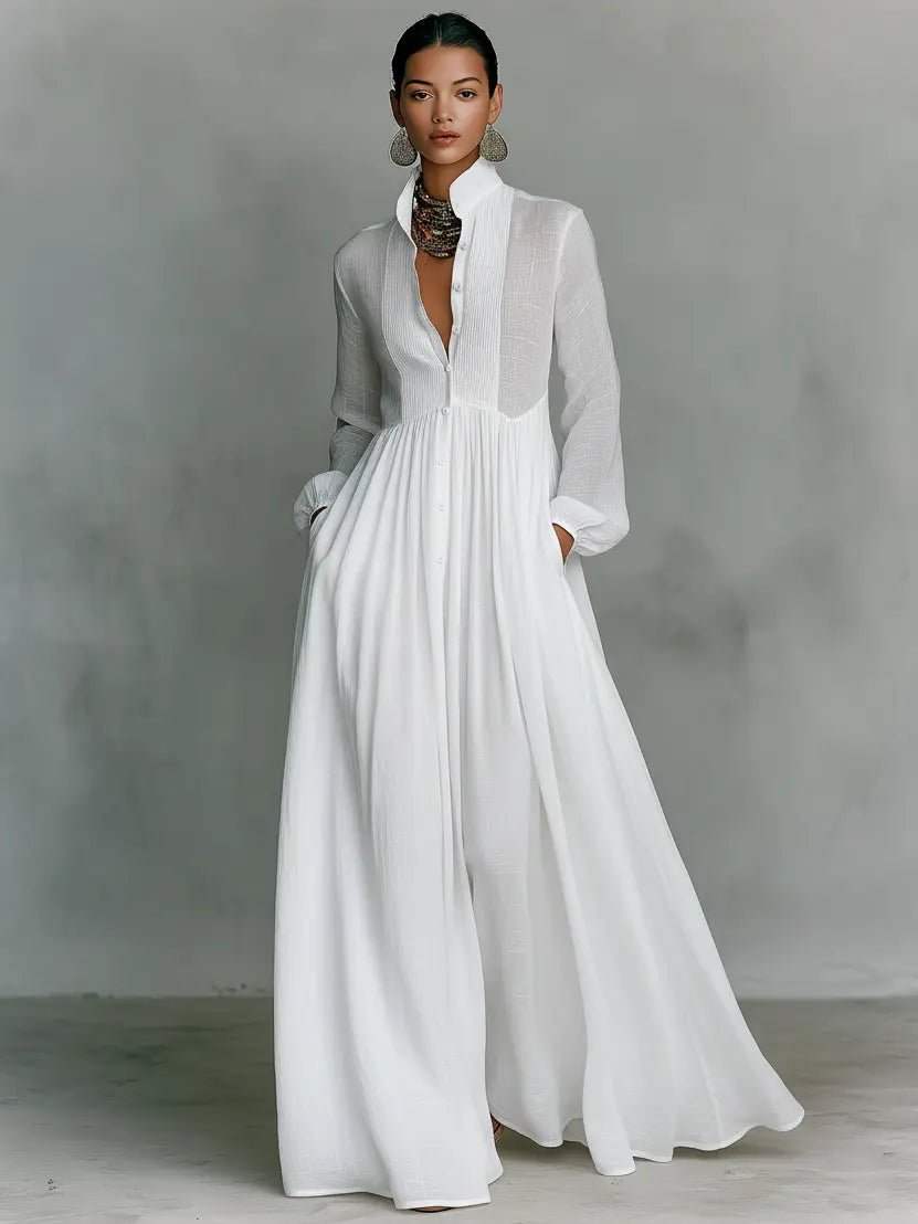 Maxi Dress with Patchwork Linen and Stand-Up Collar – Button Closure for Elegant Occasions 6