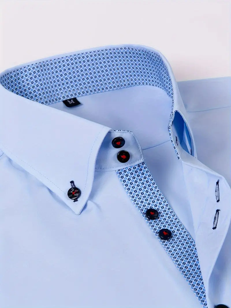 Men's Dress Shirt with Double-Breasted Design and Floral Cuffs – Breathable Polyester Blend Long Sleeve Shirt 0