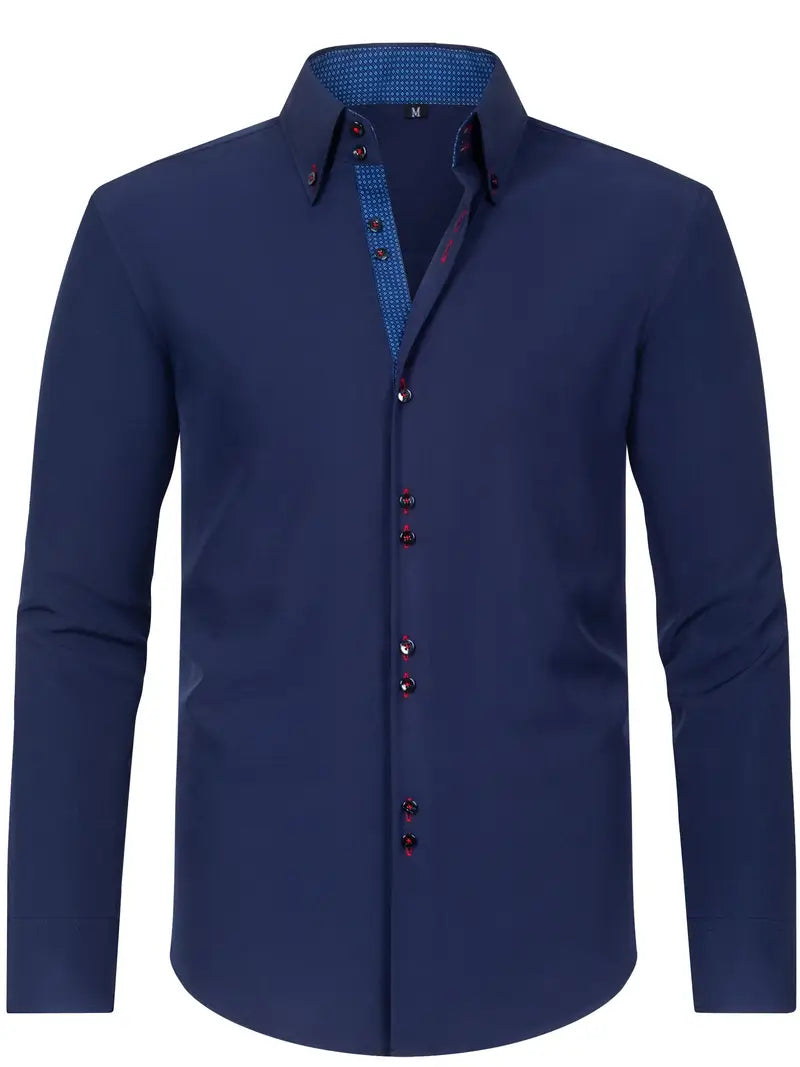 Men's Dress Shirt with Double-Breasted Design and Floral Cuffs – Breathable Polyester Blend Long Sleeve Shirt 3