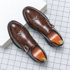 Men's black leather dress shoes featuring elegant wingtip brogue detailing and a stylish monk strap closure, perfect for formal occasions and versatile enough for any wardrobe 4