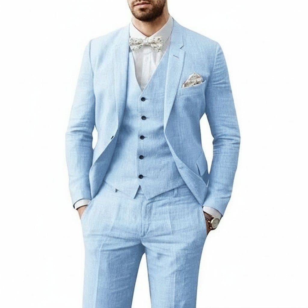 Men's Linen 3-Piece Suit for Wedding featuring a breathable tailored fit, classic two-button jacket, stylish vest, and flat-front pants, perfect 0