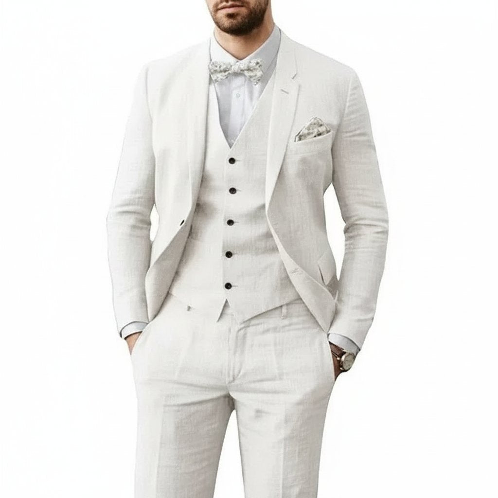 Men's Linen 3-Piece Suit for Wedding featuring a breathable tailored fit, classic two-button jacket, stylish vest, and flat-front pants, perfect 1