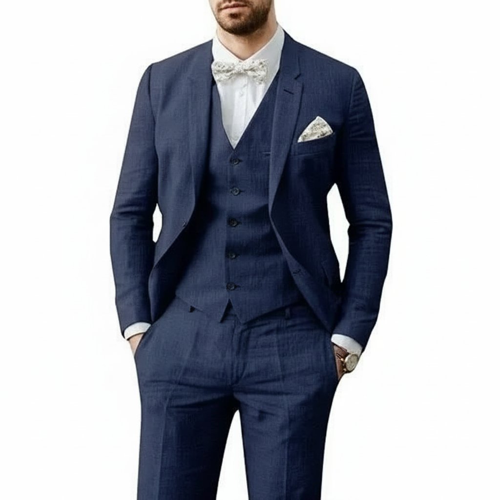 Men's Linen 3-Piece Suit for Wedding featuring a breathable tailored fit, classic two-button jacket, stylish vest, and flat-front pants, perfect 2