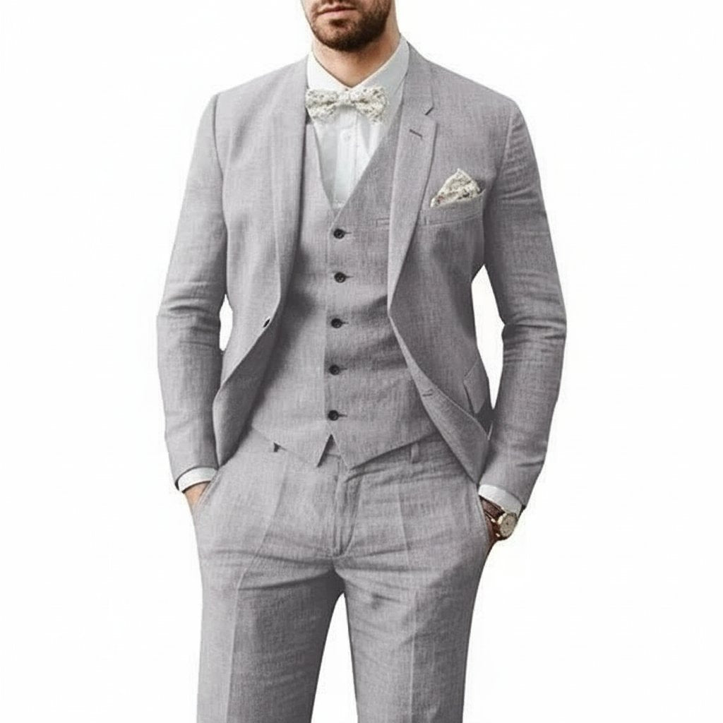 Men's Linen 3-Piece Suit for Wedding featuring a breathable tailored fit, classic two-button jacket, stylish vest, and flat-front pants, perfect 4