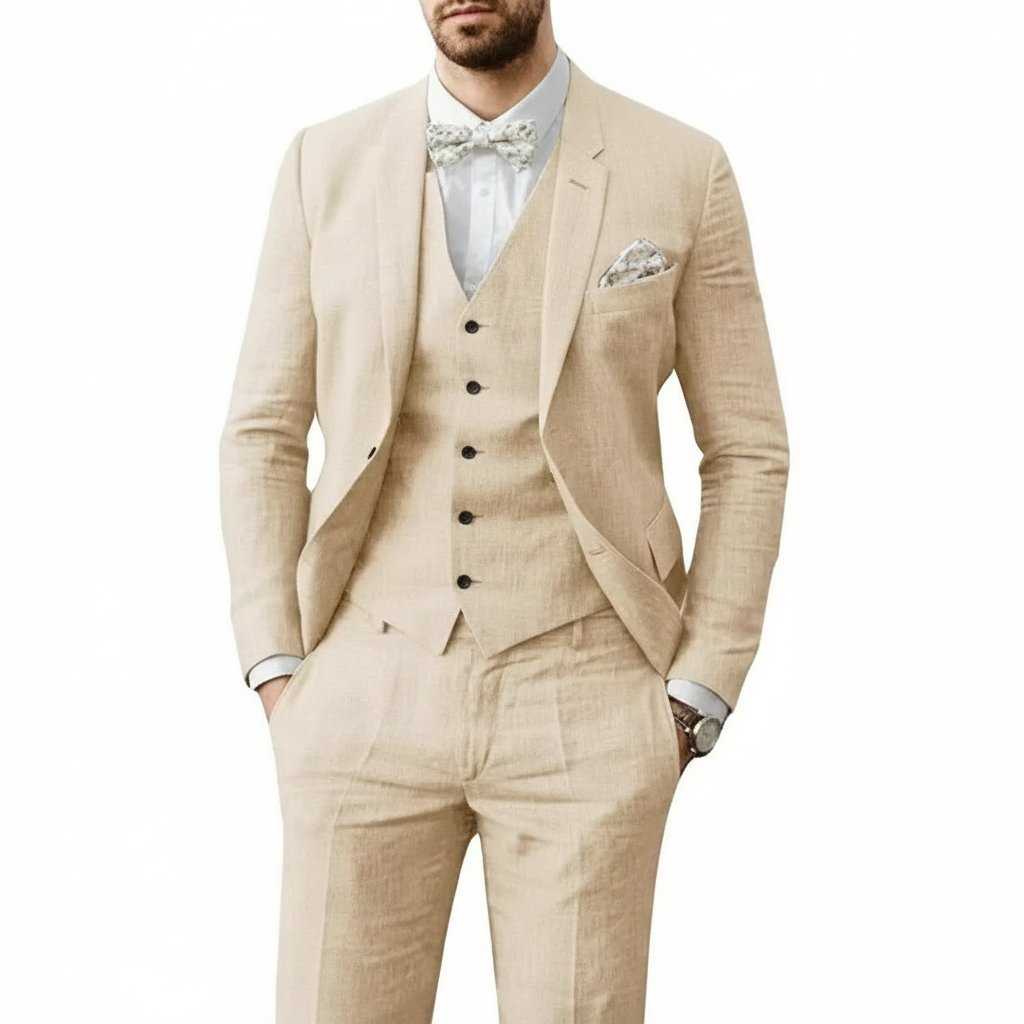Men's Linen 3-Piece Suit for Wedding featuring a breathable tailored fit, classic two-button jacket, stylish vest, and flat-front pants, perfect 7