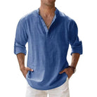 Men's Linen Shirt with Grandad Collar, featuring a breathable relaxed fit and long sleeves, perfect for casual outings or warm weather wear. 0