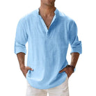 Men's Linen Shirt with Grandad Collar, featuring a breathable relaxed fit and long sleeves, perfect for casual outings or warm weather wear. 1