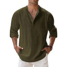 Men's Linen Shirt with Grandad Collar, featuring a breathable relaxed fit and long sleeves, perfect for casual outings or warm weather wear. 10