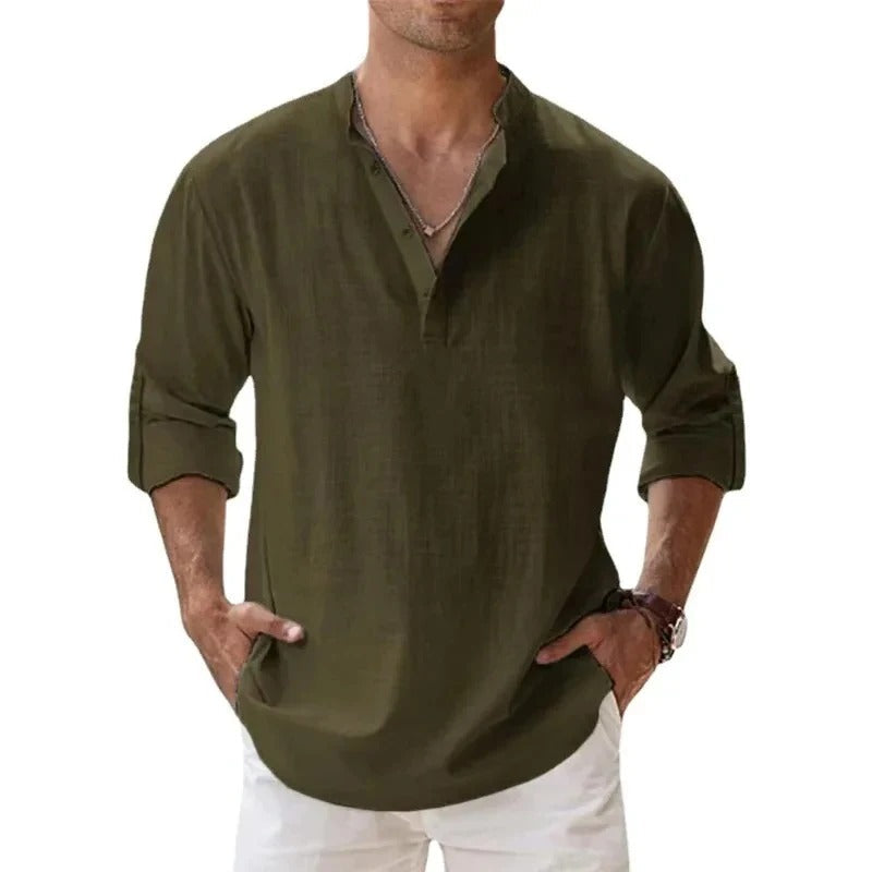Men's Linen Shirt with Grandad Collar, featuring a breathable relaxed fit and long sleeves, perfect for casual outings or warm weather wear. 10