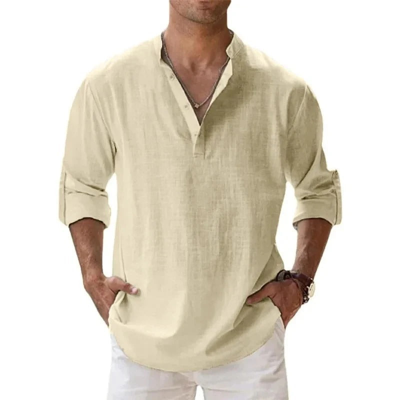 Men's Linen Shirt with Grandad Collar, featuring a breathable relaxed fit and long sleeves, perfect for casual outings or warm weather wear. 11