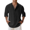 Men's Linen Shirt with Grandad Collar, featuring a breathable relaxed fit and long sleeves, perfect for casual outings or warm weather wear. 2