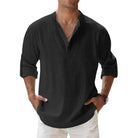 Men's Linen Shirt with Grandad Collar, featuring a breathable relaxed fit and long sleeves, perfect for casual outings or warm weather wear. 2