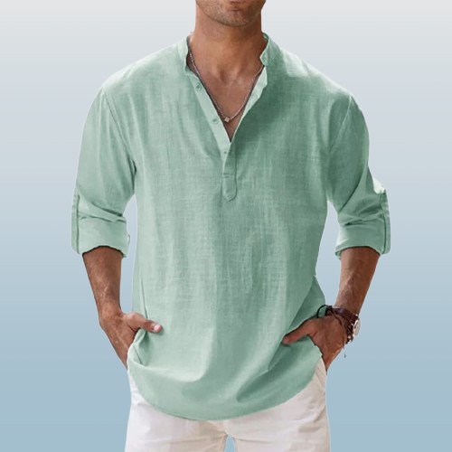 Men's Linen Shirt with Grandad Collar, featuring a breathable relaxed fit and long sleeves, perfect for casual outings or warm weather wear. 3