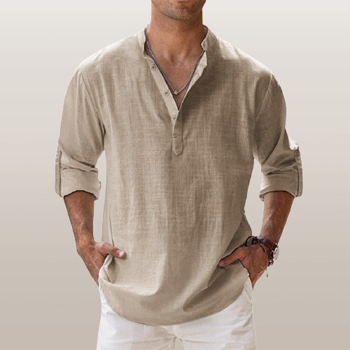 Men's Linen Shirt with Grandad Collar, featuring a breathable relaxed fit and long sleeves, perfect for casual outings or warm weather wear. 4