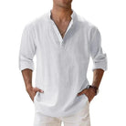 Men's Linen Shirt with Grandad Collar, featuring a breathable relaxed fit and long sleeves, perfect for casual outings or warm weather wear. 8