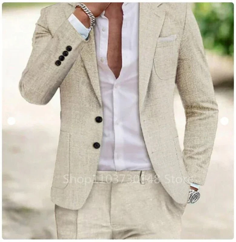 Men's linen suit two-piece set featuring a stylish blazer and slim-fit pants, perfect lightweight attire for summer weddings. 0
