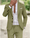 Men's linen suit two-piece set featuring a stylish blazer and slim-fit pants, perfect lightweight attire for summer weddings. 1