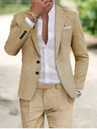 Men's linen suit two-piece set featuring a stylish blazer and slim-fit pants, perfect lightweight attire for summer weddings. 2