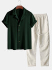 Men's Outfit Set with Knitted Waffle Shirt and Linen Pants – Casual Summer Style for Men 0