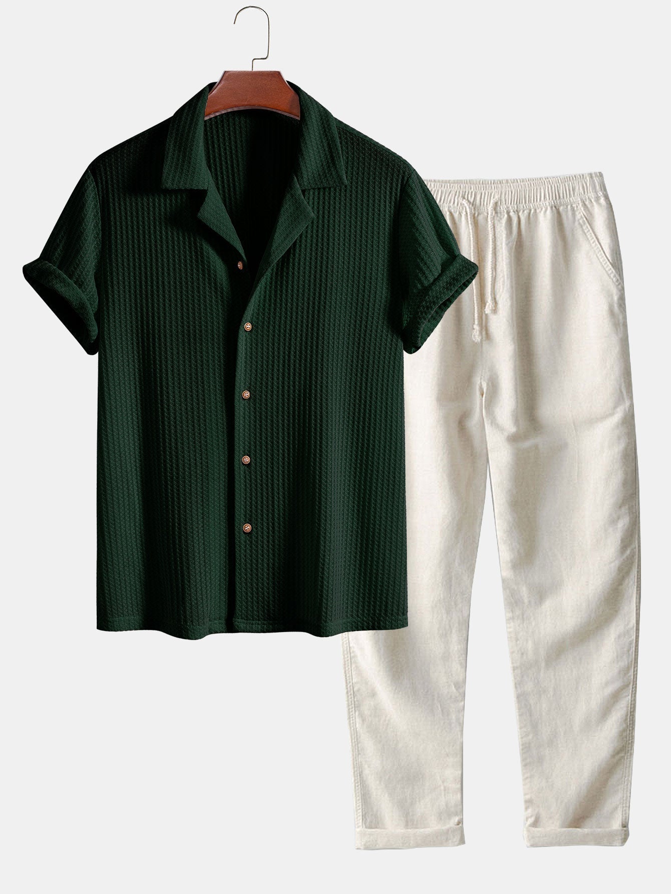 Men's Outfit Set with Knitted Waffle Shirt and Linen Pants – Casual Summer Style for Men 0