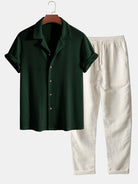 Men's Outfit Set with Knitted Waffle Shirt and Linen Pants – Casual Summer Style for Men 0
