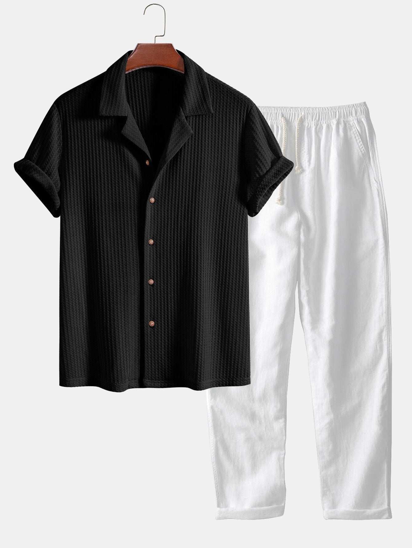 Men's Outfit Set with Knitted Waffle Shirt and Linen Pants – Casual Summer Style for Men 2