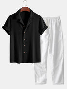Men's Outfit Set with Knitted Waffle Shirt and Linen Pants – Casual Summer Style for Men 2