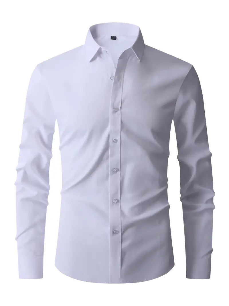 Men's slim fit shirt featuring a sleek button closure, designed for modern versatility suitable for both work and casual wear. 1