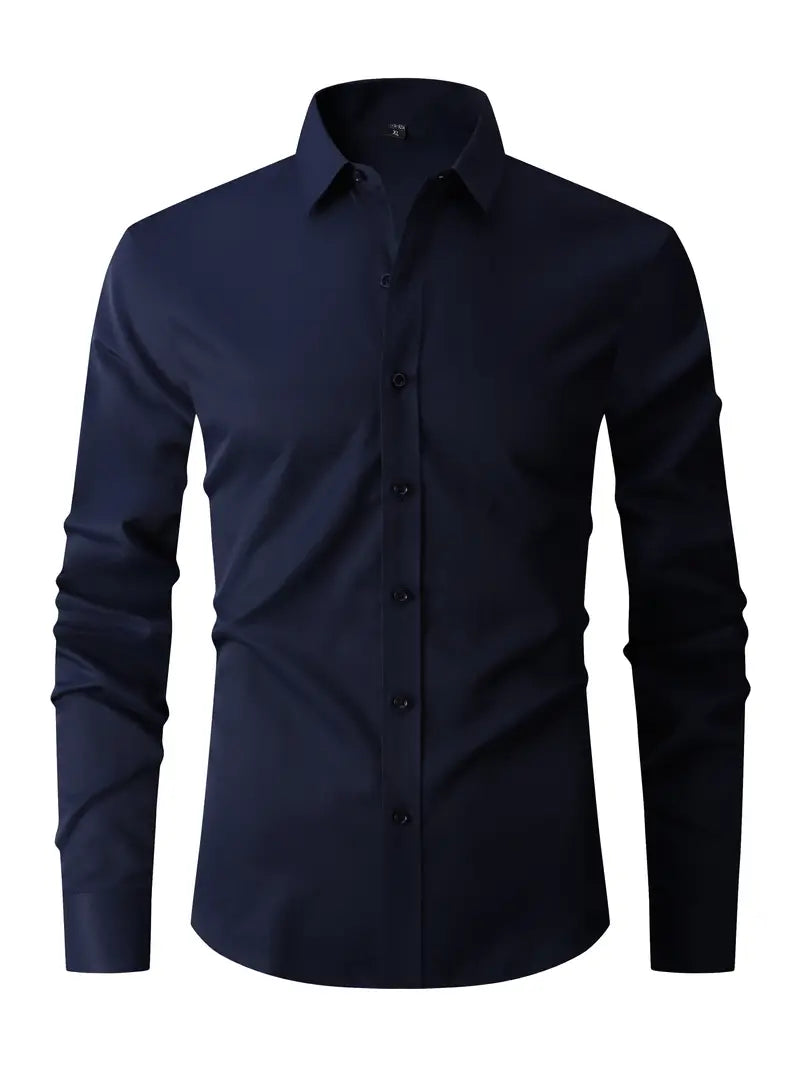 Men's slim fit shirt featuring a sleek button closure, designed for modern versatility suitable for both work and casual wear. 2