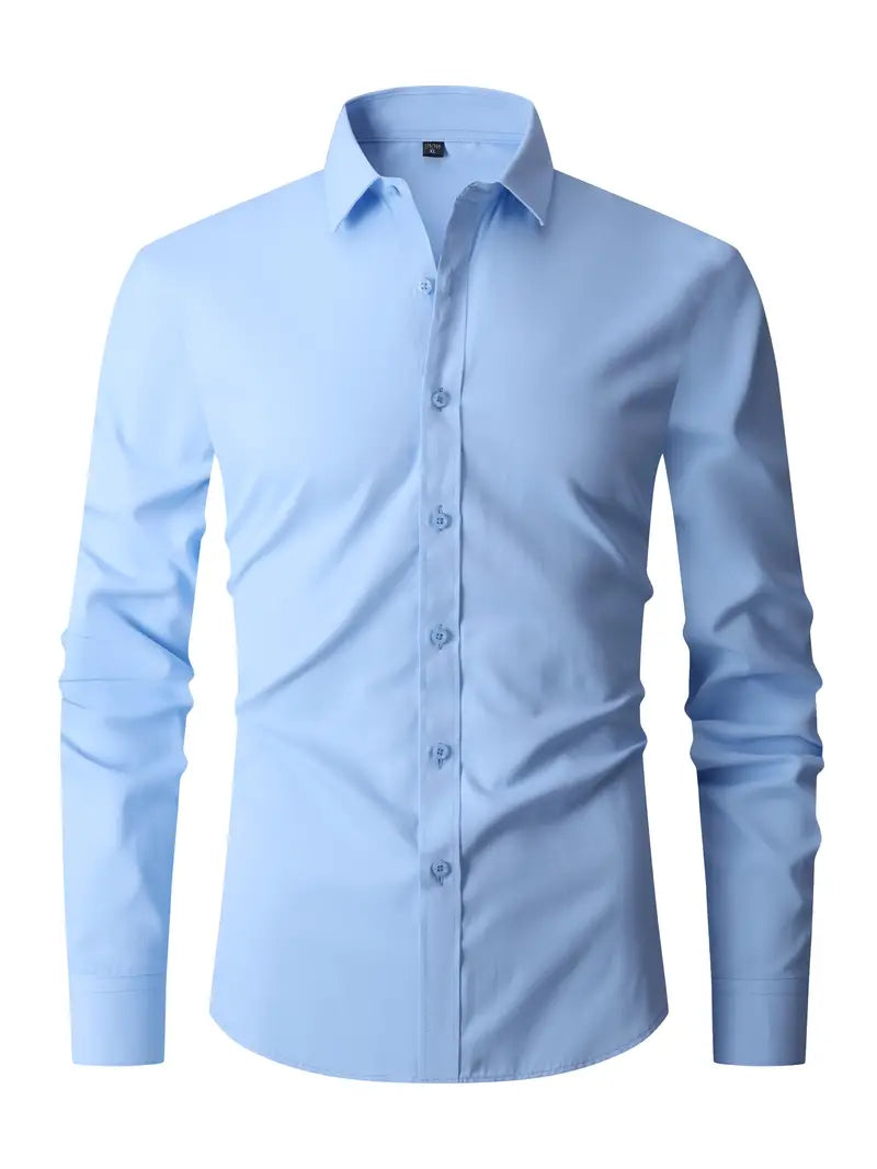 Men's slim fit shirt featuring a sleek button closure, designed for modern versatility suitable for both work and casual wear. 5