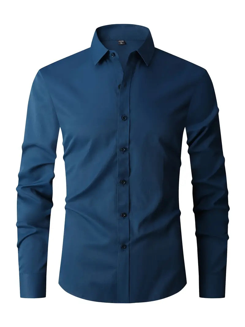 Men's slim fit shirt featuring a sleek button closure, designed for modern versatility suitable for both work and casual wear. 8