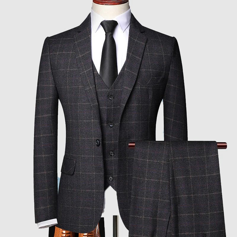 Men's Three-Piece Suit with Windowpane Check – Tailored Blazer, Waistcoat, and Pants for Weddings and Formal Events 2