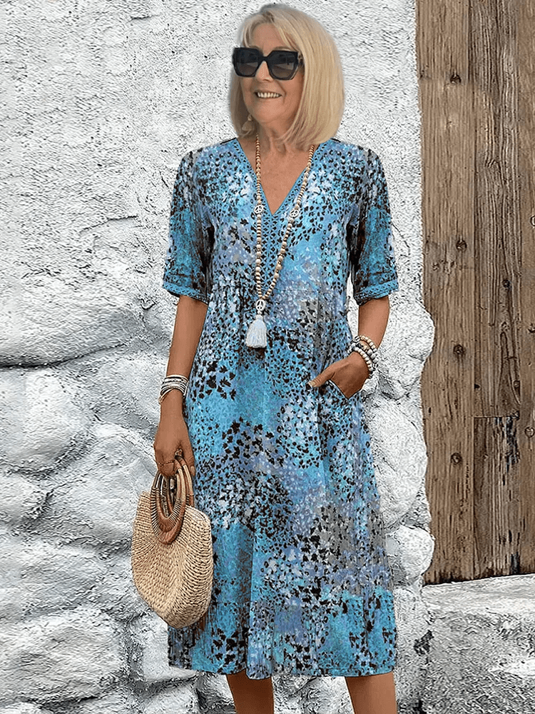 Midi Dress with Abstract Print and Lace V-Neck – Soft Breathable Casual Style with Side Pockets 3