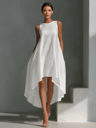 Midi Dress with Asymmetric Hem in Breathable Fabric – Minimalist Sleeveless Design for Women 0