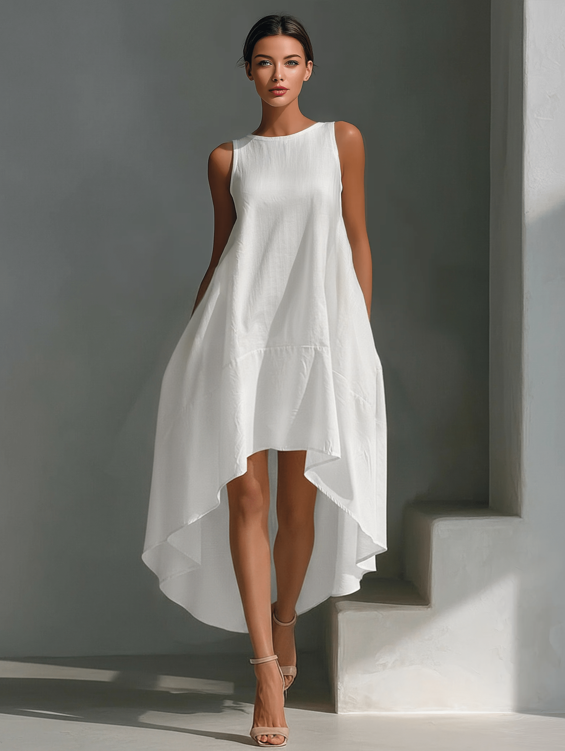 Midi Dress with Asymmetric Hem in Breathable Fabric – Minimalist Sleeveless Design for Women 0