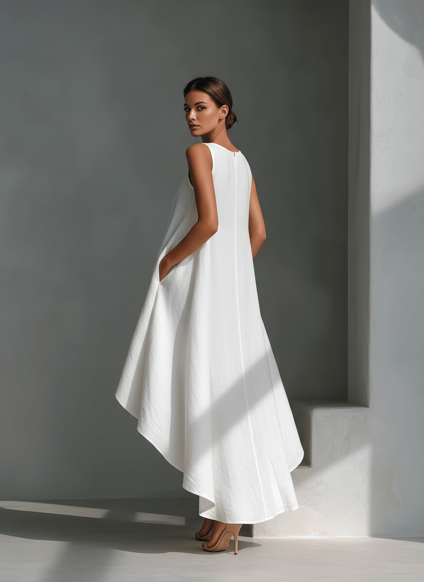 Midi Dress with Asymmetric Hem in Breathable Fabric – Minimalist Sleeveless Design for Women 1