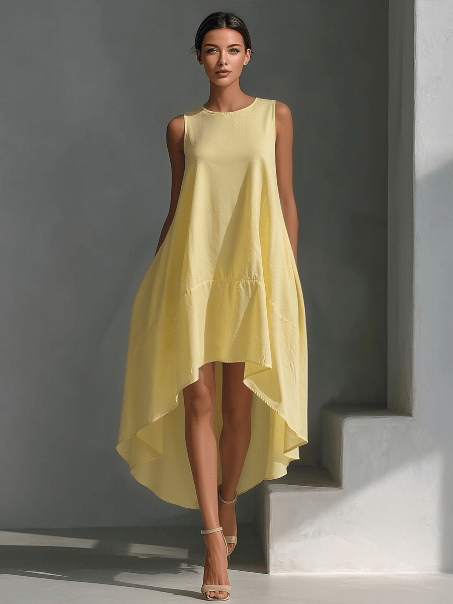 Midi Dress with Asymmetric Hem in Breathable Fabric – Minimalist Sleeveless Design for Women 3