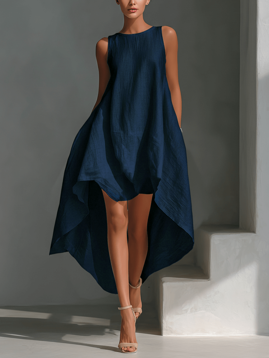 Midi Dress with Asymmetric Hem in Breathable Fabric – Minimalist Sleeveless Design for Women 5