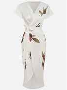 Elegant midi wrap dress featuring a flattering V-neck and vibrant floral print, designed with a stylish tie-waist for a perfect fit. Ideal for wedding guests 5